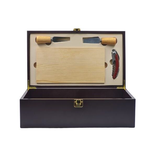 Ξύλινο Κουτί Δώρου 2 Φιαλών με Αξεσουάρ Πλατό Τυριού