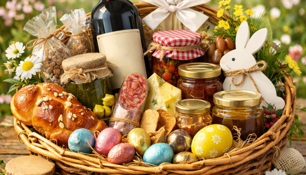 πασχαλινο καλάθι δώρου με κρασί και γκουρμε λιχουδιές